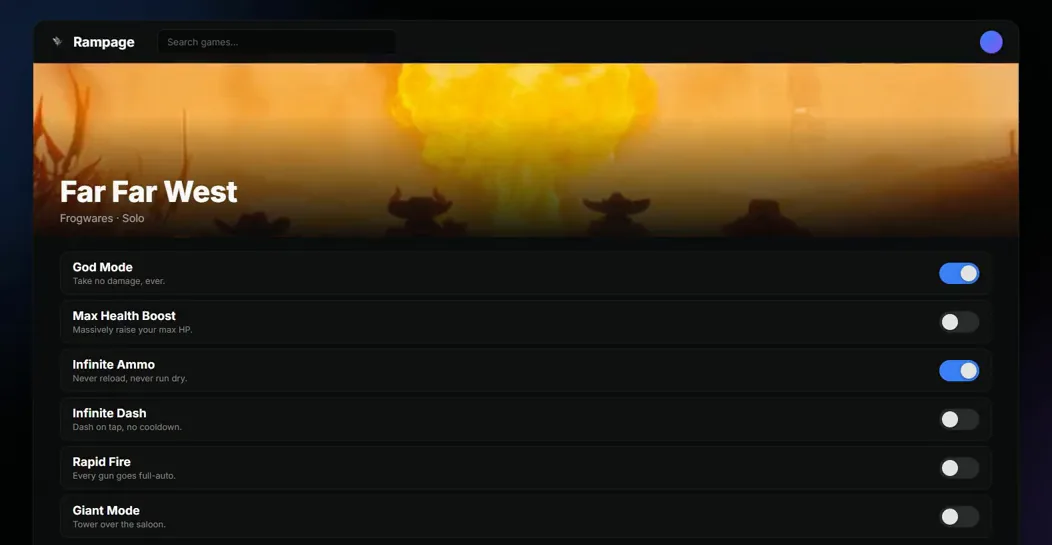 The Rampage app showing Far Far West cheats — God Mode and Infinite Ammo toggled on